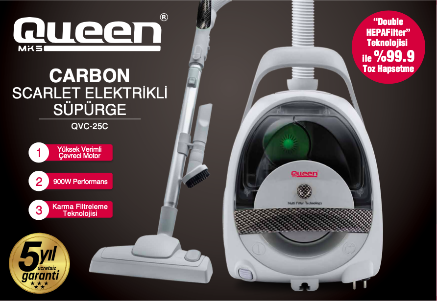 Queen Carbon 900 Watt QVC-25C 60% Energy Consumption 430 Watt Vacuum Cleaner Total reach of 7.5 meters - Thumbnail