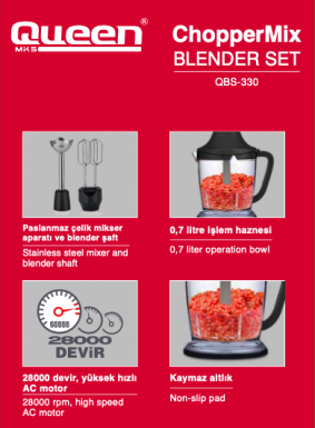 Queen CHOPPERMIX Triple Blender Set - Black 500 Watt 0.7 Liter Compact Design - Thumbnail