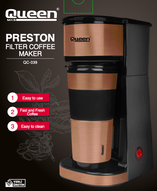 Queen Preston QC-039 Gold Filter Coffee Machine 750W Performance 450 ML Water Tank Quick Coffee In 4 minutes - Thumbnail