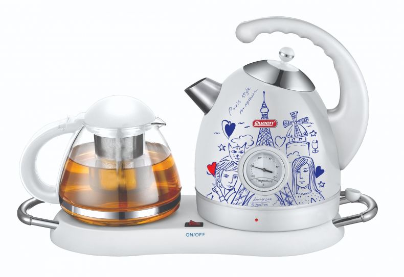 QUEEN Teachat Paris White 1.7 Liter Kattle 0.7 Liter Teapot Capacity Auto Power Off Tea Set 