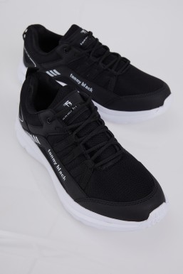 Tonny Black - Tonny Black Unisex Siyah Beyaz Bağcıklı Rahat Kalıp Nefes Alabilen Kumaş Sneaker
